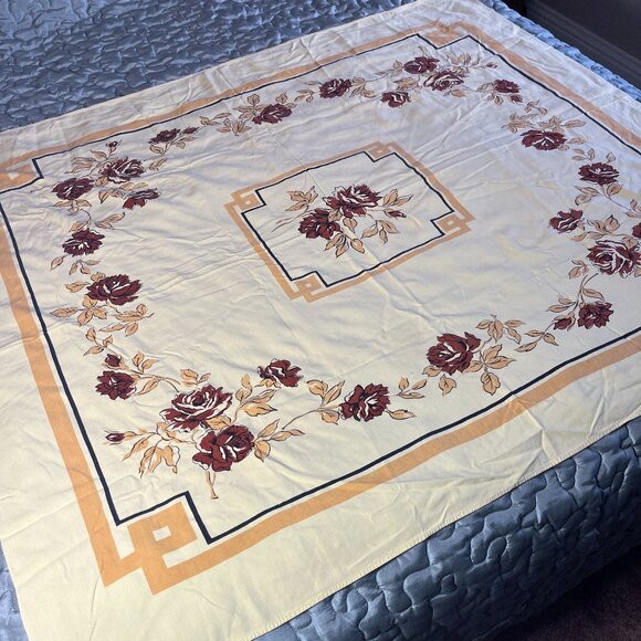 Vintage Yellow Tablecloth with Brown Flowers, 51" x 43" - Picture 1 of 6
